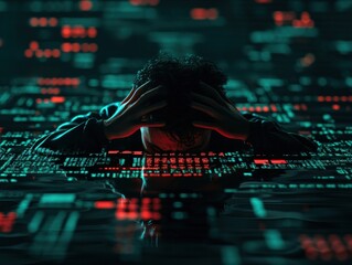 cybersecurity breach monitoring concept Person drowning in a sea of broken code and warning alerts, desperation visible copy space theme overwhelmed by breaches surreal blend mode ocean of data