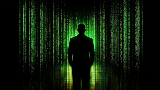cybersecurity breach monitoring concept Masked hacker silhouette with glitchy data overlay reflecting stolen passwords copy space theme the faceless enemy ethereal Overlay abandoned warehouse - Powered by Adobe