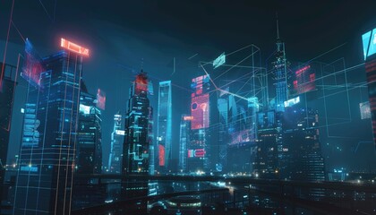Naklejka premium Neon blue and holographic designs dominate this night cityscape, casting a high-tech glow over an urban landscape charged with futuristic innovation..