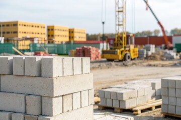 Construction workers are utilizing cranes to build structures as concrete blocks are stacked nearby.