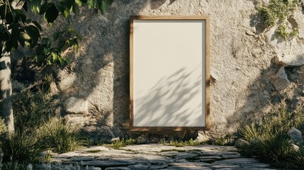 Vertical blank frame on stone garden wall earthy tones soft dappled light