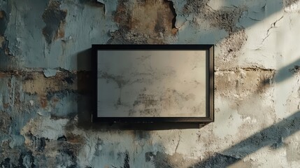 Smooth black frame on peeling wall texture contrasts soft sunlight