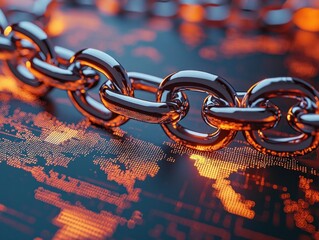 cybersecurity breach monitoring concept Digital chains breaking apart around the globe, symbolizing global data breach impact close up theme interconnected risk vibrant Multilayer world map interface