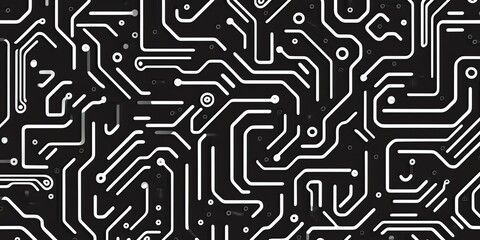 Abstract black and white circuit board background with white lines and small circles on a black background.