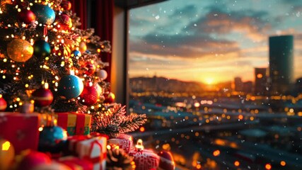 Animated virtual backgrounds, cozy lofi living room  with winter city night scenery  view from window. Lo-fi music movie background - Powered by Adobe