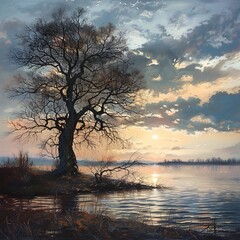 Fototapeta premium a single tree with slender branches around the shore of a lake. peaceful