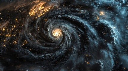 Typhoon at night storm glows with lightning city lights visible below