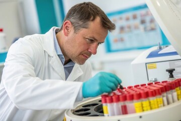 A scientist analyzes blood samples in a laboratory, focusing on his work at a centrifuge.