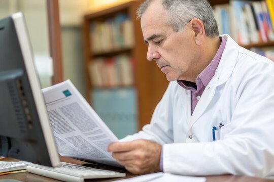 An experienced doctor studies important medical documents in a quiet library.