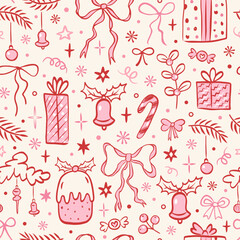 Christmas seamless pattern with coquette hand drawn doodles. Vintage ink drawing sketch style. Christmas tree branches, gift, bows, stars, winter holiday pattern,  Christmas tree toys, snowflakes.