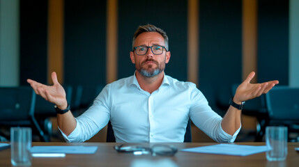 Business man, confused and question in meeting with shrug, doubt and office decision. Corporate, uncertain and boardroom with professional, staff planning and brainstorming for work option at job