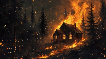 Obraz premium Woods ablaze cabin fire lights up area embers drift orange glow