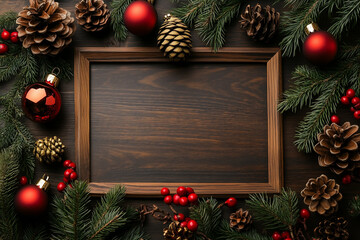 Festive Holiday Decorations Surround an Empty Wooden Frame Adorned With Pine Cones, Berries, and Ornaments on a Dark Background