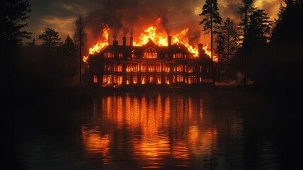 Lake mansion ablaze fire bursts out water reflects flames