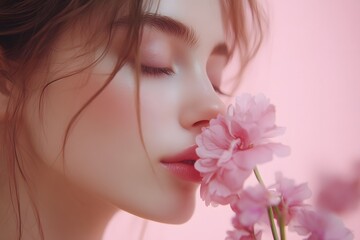 Close-Up of a Young Woman Gently Smelling a Pink Flower with a Soft Background, Capturing Beauty and Serenity in a Dreamy Portrait Style