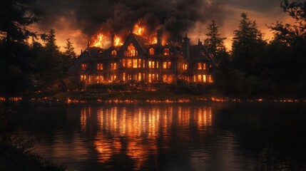 Fototapeta premium Isolated mansion on fire windows burst water lit by orange flames