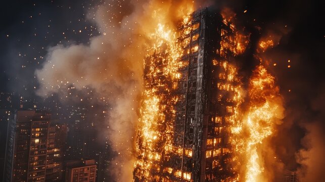 Towering fire heat shatters windows smoke billows sparks fly