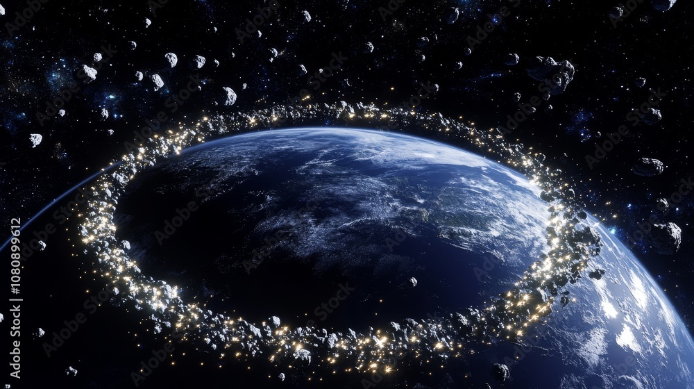 Aufkleber numerous asteroids are surrounding planet earth, creating a dense and dangerous field of space rocks