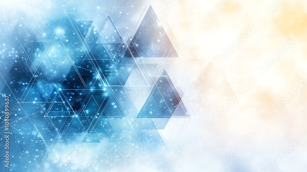 Poster abstract blue and white background with triangles and glowing lights.