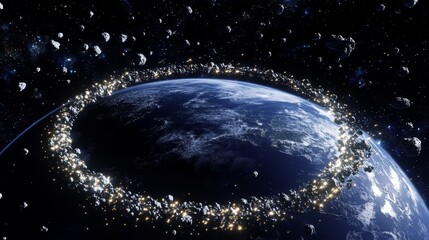 Obraz premium Numerous asteroids are surrounding planet earth, creating a dense and dangerous field of space rocks posing a potential catastrophic impact