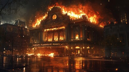 Fototapeta premium Old theater burns flames light streets embers swirl walls crumble