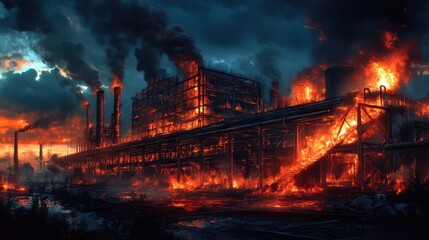Empty factory fire red-hot beams flames high smoke billows skyward