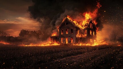 Farmhouse ablaze flames light field embers swirl shadows flicker