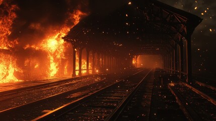 Obraz premium Railway station on fire beams fall flames light tracks smoke thick