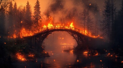 Obraz premium Forest bridge on fire flames high orange glow lights trees embers float