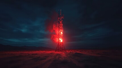 Fire climbs tower eerie glow lights desert embers float sky starless