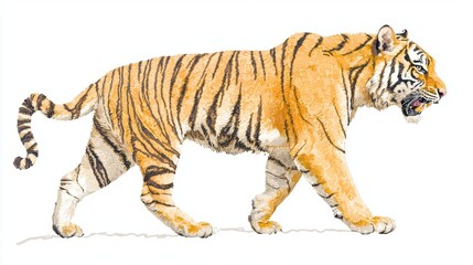 Obraz premium Majestic Tiger Walking Gracefully Across a White Background, Showcasing Its Striking Orange Fur and Black Stripes, Capturing the Wild Spirit of Nature