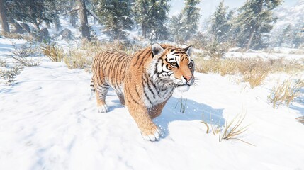 Obraz premium Majestic Siberian Tiger Walking Through Winter Landscape Covered in Fresh Snow, Showcasing Its Striking Orange Coat and Powerful Presence in the Wild Habitat