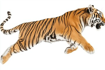 Obraz premium Majestic and Powerful Tiger in Mid-Flight Captured Against a Clean White Background, Showcasing Its Striking Fur Patterns and Dynamic Movement