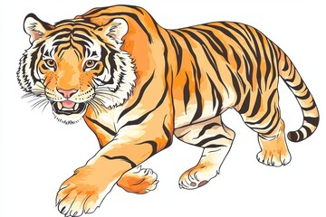 Obraz premium Vibrant and Energetic Tiger Illustration Capturing the Raw Power and Grace of This Majestic Animal in a Dynamic Running Pose Against a Clean White Background
