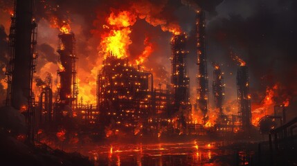 Obraz premium Burning refinery machinery lit orange smoke fills sky shadows long