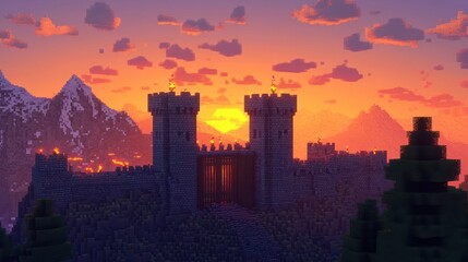 Obraz premium Mountain peak castle sunset sky torches glow bridge over deep ravine