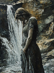 The Tears of Niobe - waterfall, woman, nature, solitude, landscape, rocks, emotion, art, beauty, reflection, sadness, wet hair, flowing water, natural light, serenit