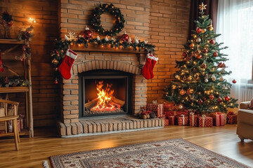 Festively Decorated Fireplace With Stockings, a Christmas Tree, and a Cozy Fire Glowing Warmly in a Rustic Living Room During the Holiday Season