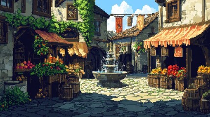 Pixel art vibrant market with fruit stands and a central fountain
