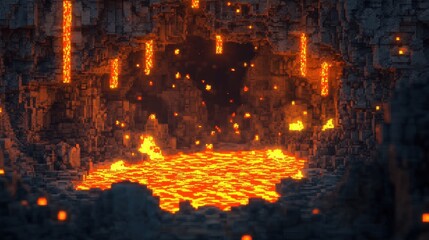 Fototapeta premium Pixel art lava cave glowing with orange light and stone floor