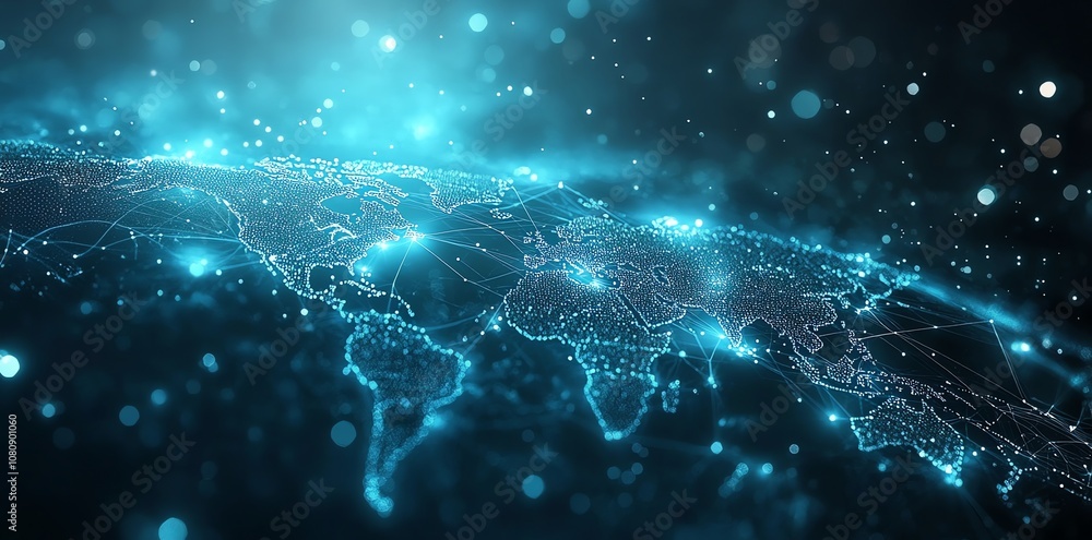 Poster Abstract blue glowing digital world map with connected lines and dots.