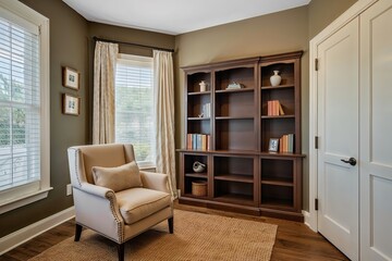 Cozy Brown and Cream Reading Nook in a Serene Office Corner with Armchair and Bookshelf
