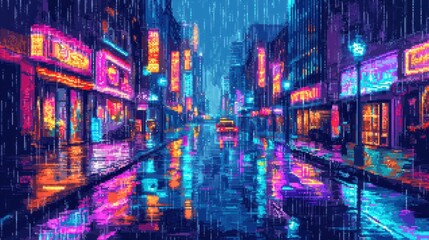 Naklejka premium Pixel art wet street flickering neon rain and dim glow