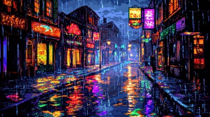 Fototapeta premium Pixel art city night rain neon lights and glowing puddles