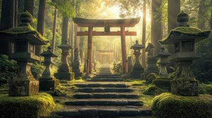 Moss-covered lanterns in shrine forest with sunlight wallpaper