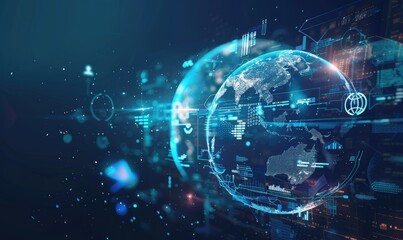 Image of digital interface with globe of icons and network of connections with VR headset.