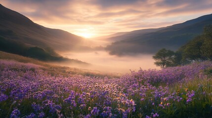 Misty Valley Sunrise with Purple Wildflowers