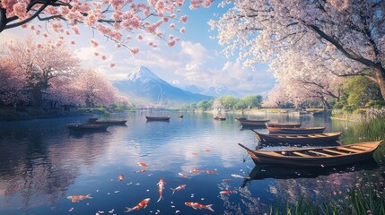 Cherry trees in bloom along river with serene background