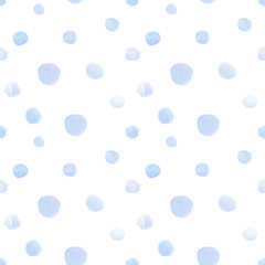 Polka dots blue background. Watercolor Snowballs, snow flakes seamless hand drawn  pattern for fabric texture, bed linen ornaments, holidays textile, wallpaper