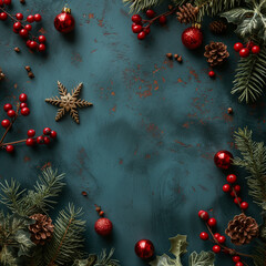 Christmas items arranged on a blue backdrop with pine cones and holly.